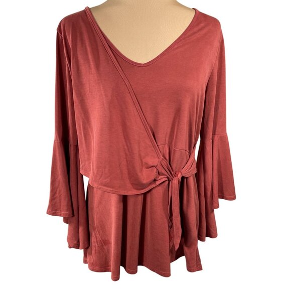 Green Envelope Tunic Top Bell Sleeve Tie Burnt Orange L Large Modal Blend - Picture 1 of 6